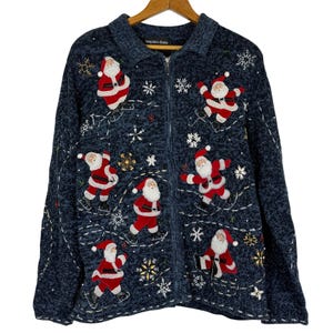 Vtg Y2K Hampshire Studio 1X Santa Skating Christmas Cardigan Sweater Zip Front Blue Applique Snowflake Holiday Knit