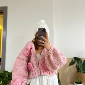 Pink Knit Cardigan with Bows, Chunky Ribbon Sweater | Mommknitting